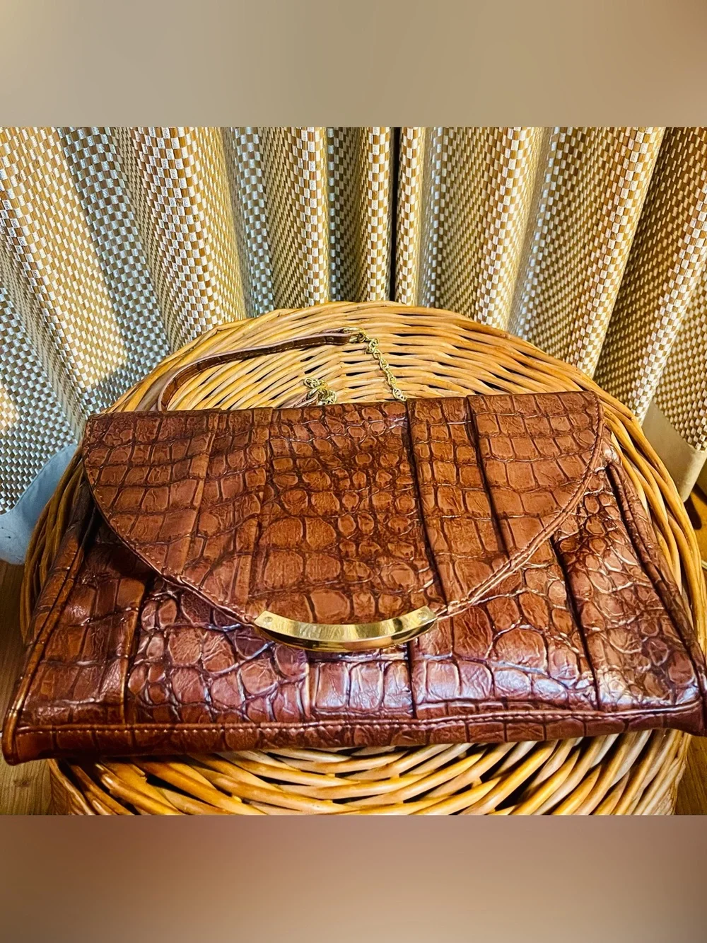 Steve Madden Brown Croc-Embossed Faux Leather  Bag with Gold Accent Chain